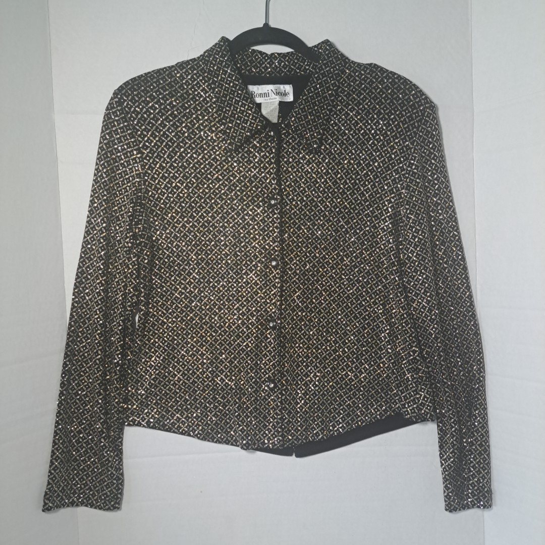 Ronni Nicole by Ouida Black W/Silver Glitter Button Up Blouse Slit Back Wms Sz 8