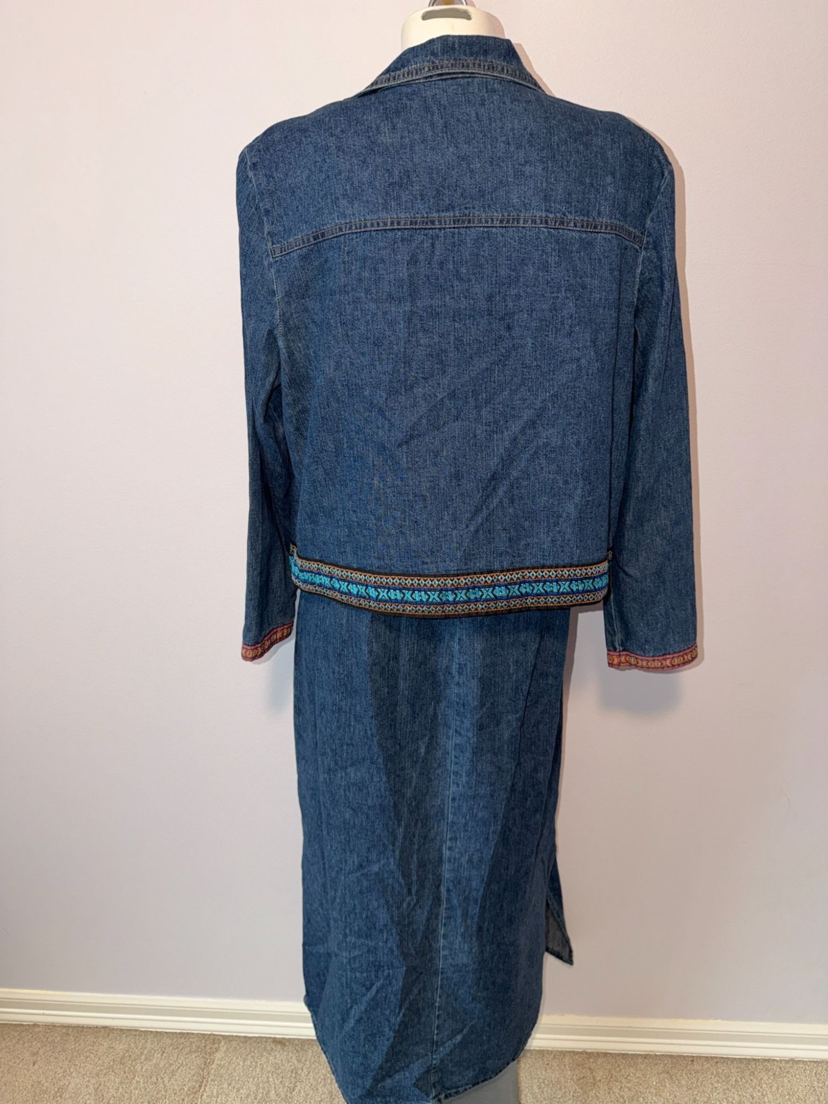 Vintage 90s Denim Dress Jacket Set 12 Blue Jean Maxi Sundress Southwestern Boho