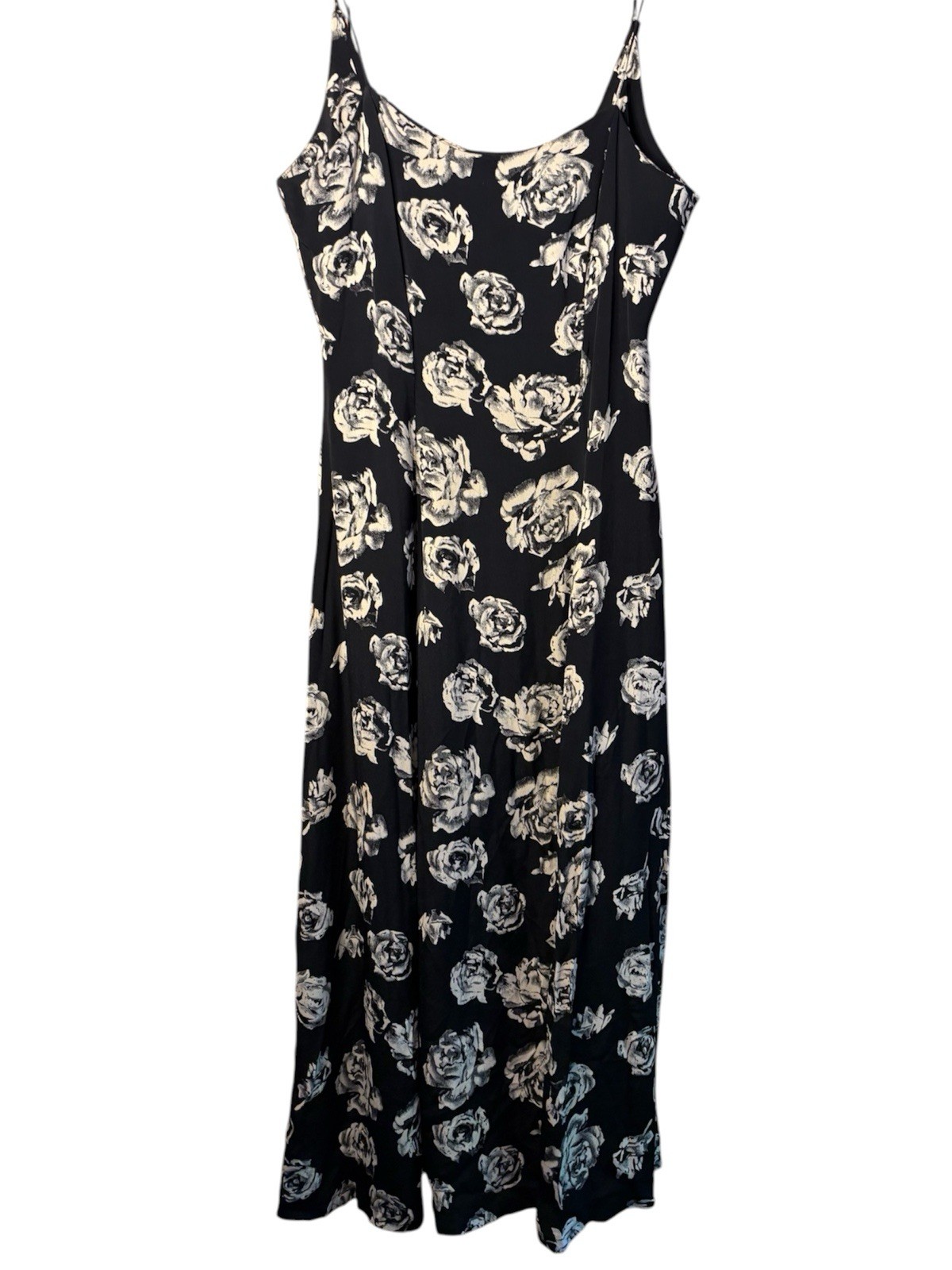 VTG 80/90s Mica Black & White Rose Print Midi Dress Sz M (straps Repaired)