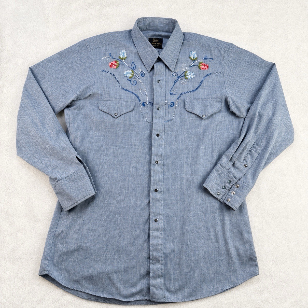 VTG 80s Sears Western Wear Pearl Snap Shirt Womens L Blue Floral Embroidered USA