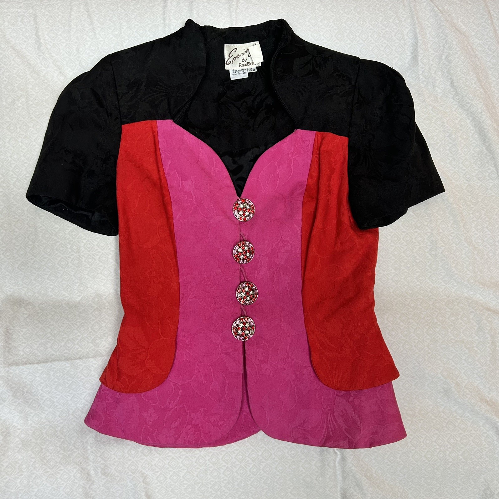Vintage Raul Blanco Jacket Top Pink Red Black Shoulder Pad Sz 4 100% cotton