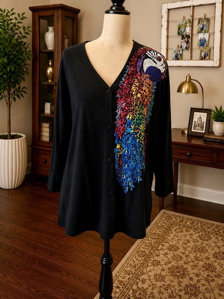 VTG 2001 Michael Simon New York Black Beaded Silk Cotton Parrot Cardigan Womens