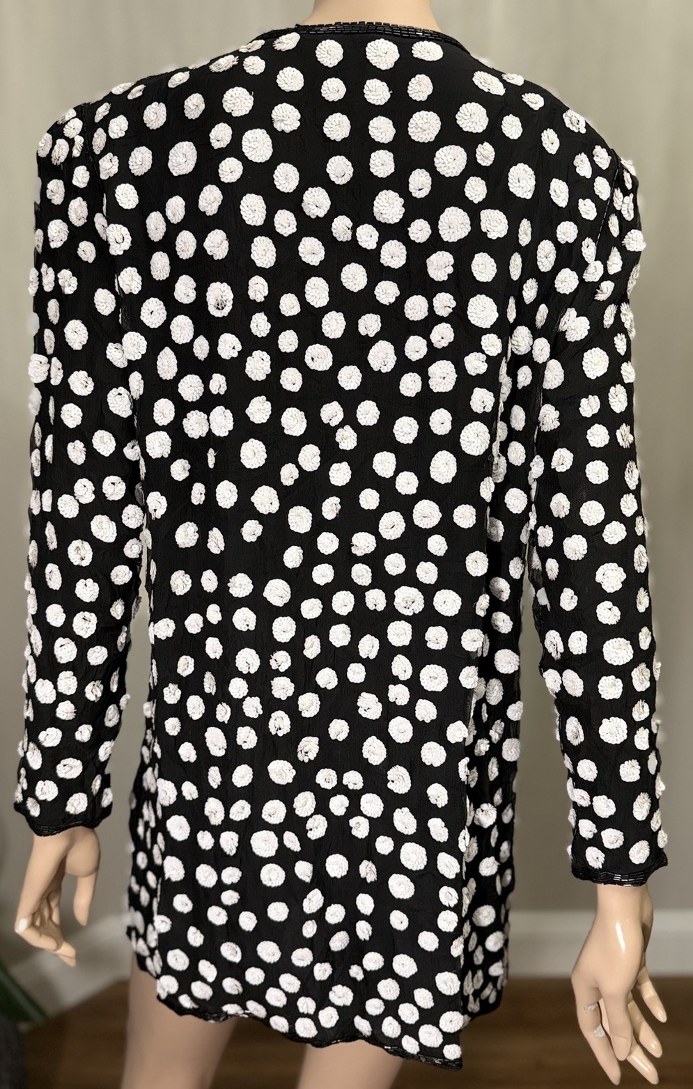 Vtg Judith Ann Creations 100% Silk Beaded Sequin Jacket Black White Polka Dot M