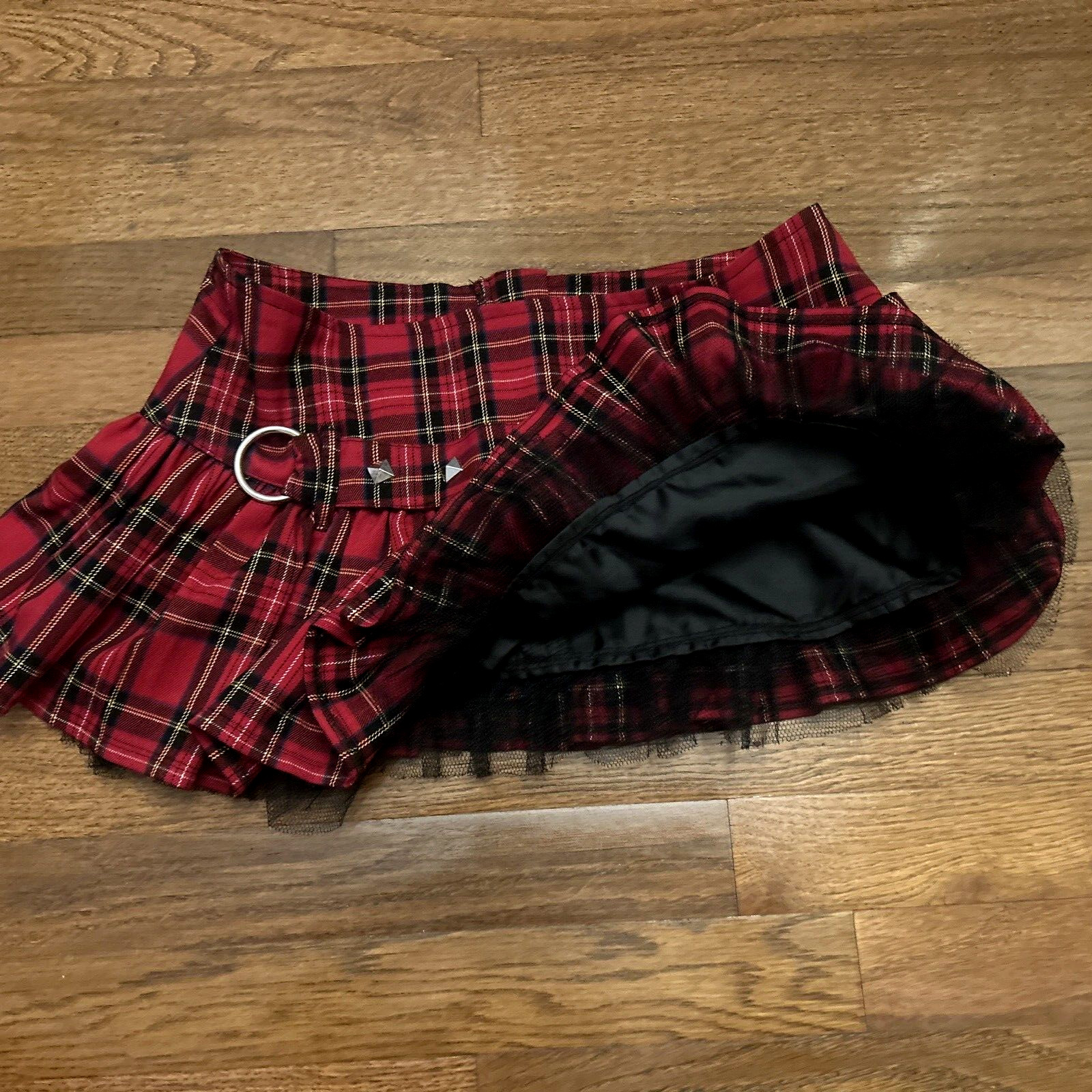 Vintage Y2K HELL BUNNY Goth Punk Buckle Tartan Plaid Tulle Mini Skirt Kilt M