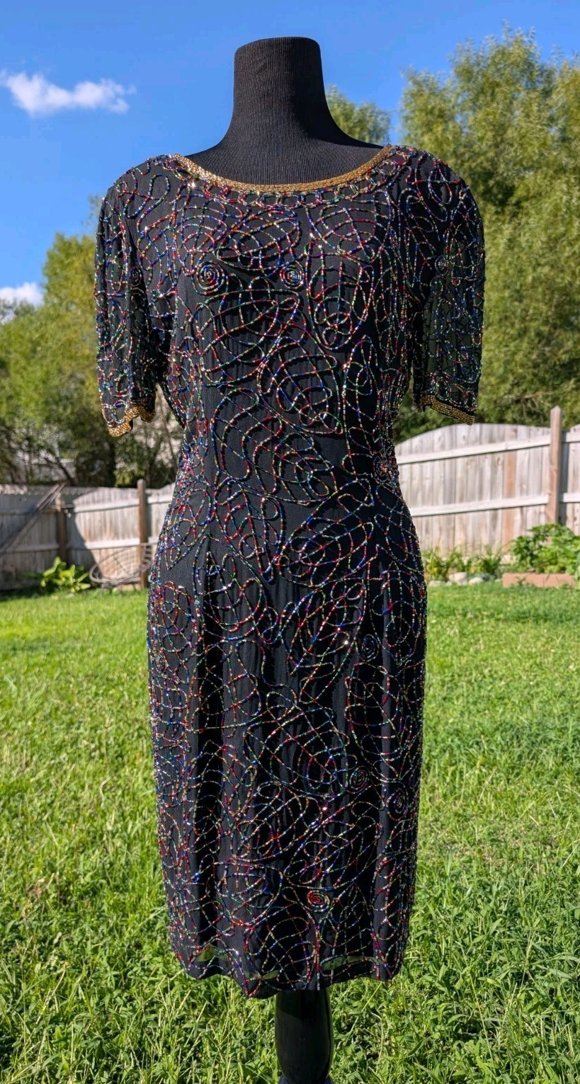 VINTAGE NITELINE SILK BEADED BLACK KNEE LENGTH DRESS COCKTAIL EVENING SIZE 6