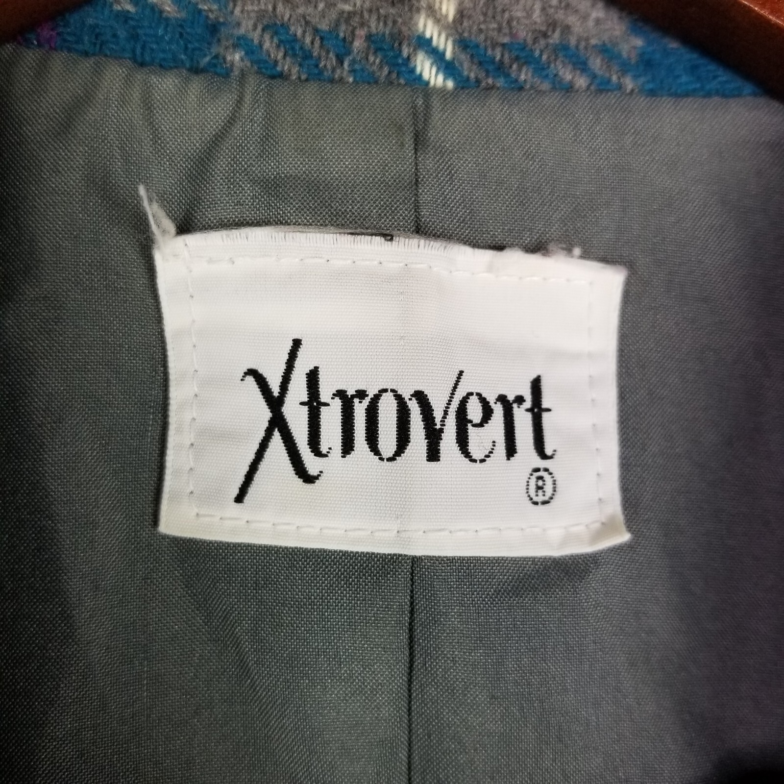 Vintage Xtrovert Blazer Jacket Size 16 Blue Gray & Purple Plaid Wool Blend