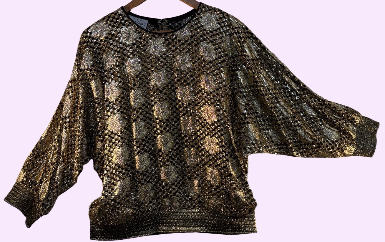 Top Shirt Gold Metallic Textured Floral Fancy Tunic Pullover Ribbed Shag Fab Vtg
