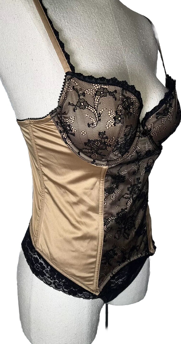 Vtg VICTORIAS SECRET Bustier Corset 08 Boning Gold Tan & Black Mesh Lace 34C