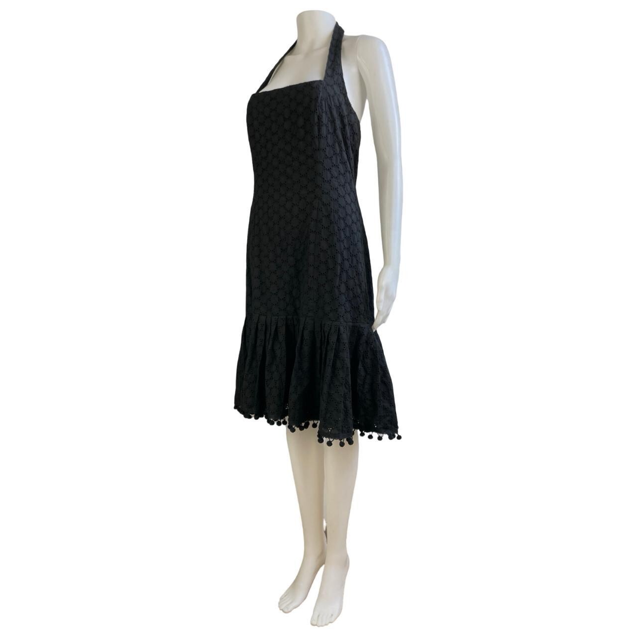 Vintage Eyelet Lace Cotton Dress Size Small 90s Maggy London Pom Pom Trim Halter