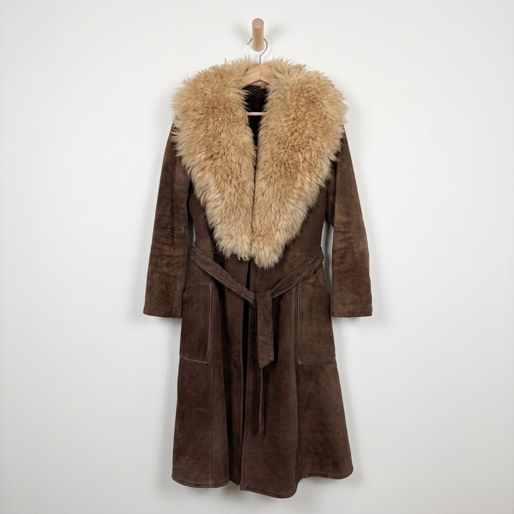 VTG Brown Suede Shearling Penny Lane Coat Fur Collar Belted 70s Boho Sheepskin