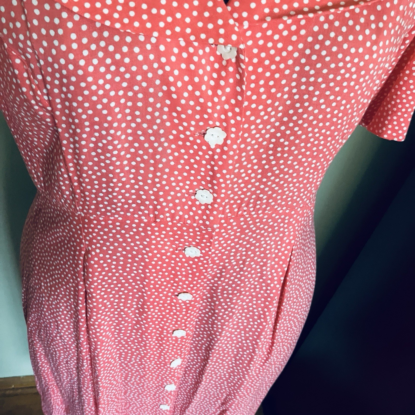 Vintage Hampton Dress Co. Pink w/Cream Dots Dress 80s size 14 all Rayon