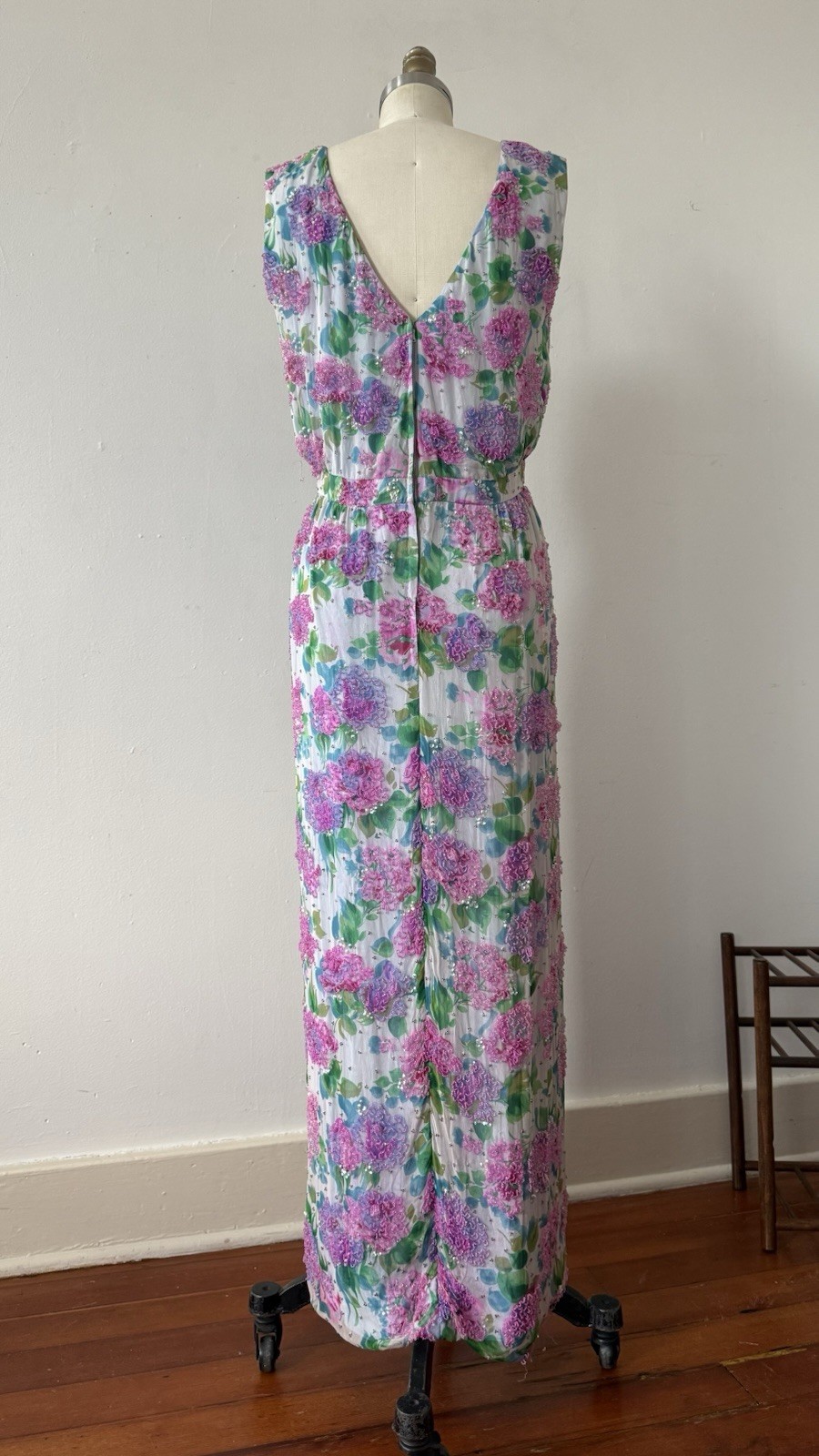 Vintage 1950s 60s Rare Designer Sara Fredericks Hand Beaded Chiffon Evening Gown
