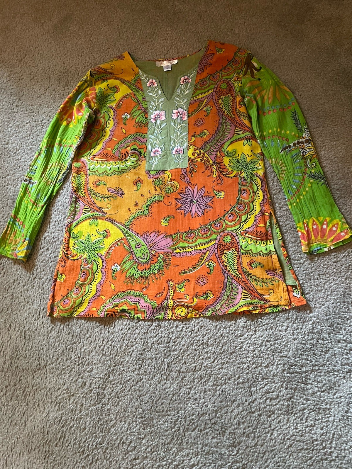Vintage 90s Indian Cotton Paisley Tunic Top Boho Kurta Style Green Womens S/Med