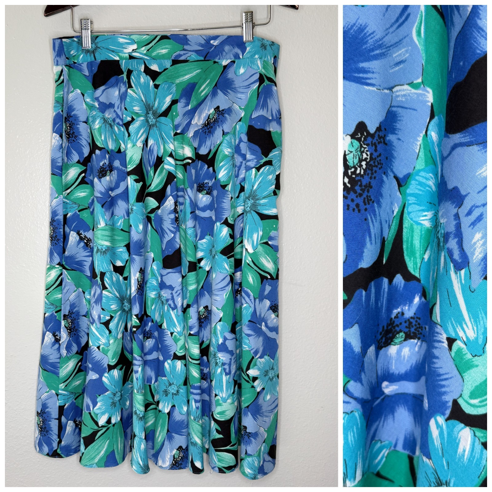 PRICE FIRM Vintage 80s Ilyza Blue Green Tropical Floral A Line Skirt | Size L/XL