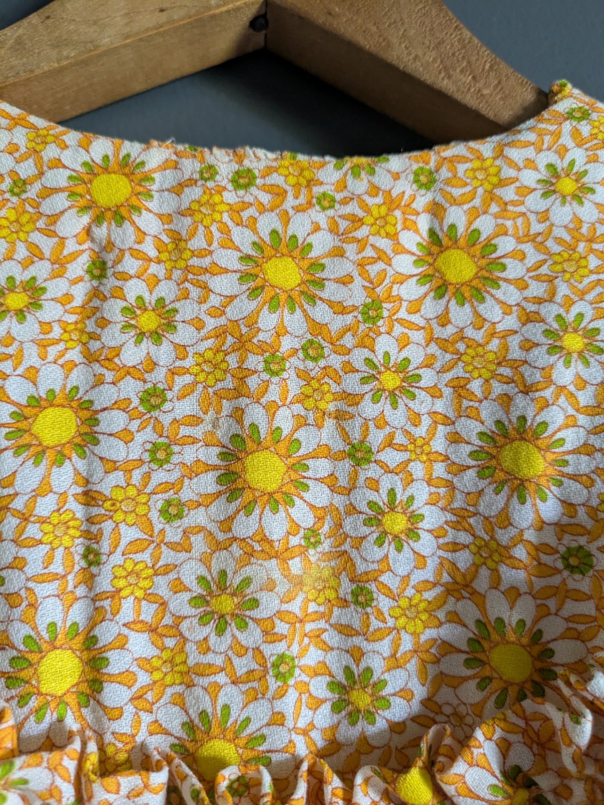 Vtg 1970 Psychedelic Floral Prairie Hostess Dress Yellow Orange Daisy Print Maxi