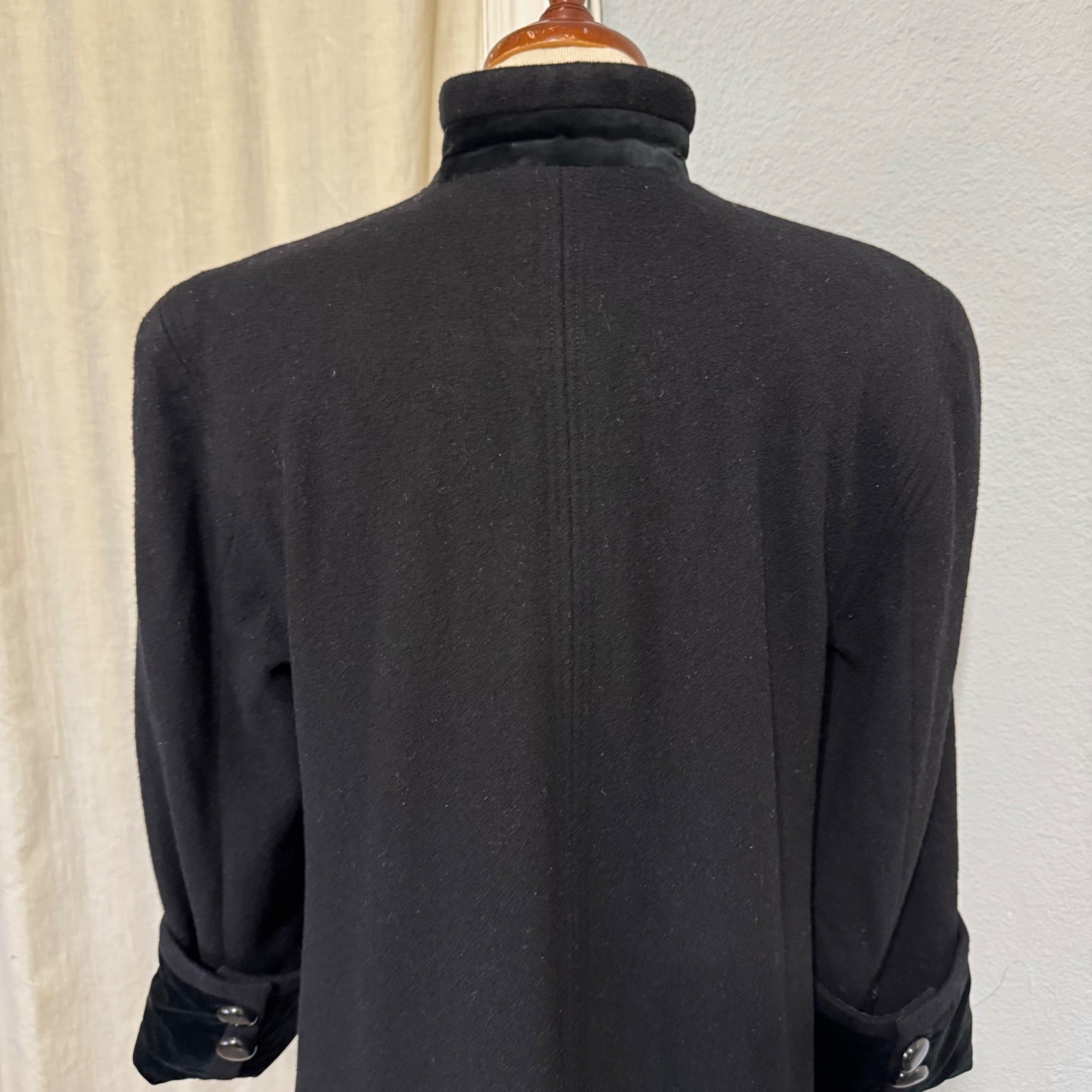 Donnybrook Victorian Black 100% Wool Maxi Coat Velvet Trim Mandarin Collar Sz 2