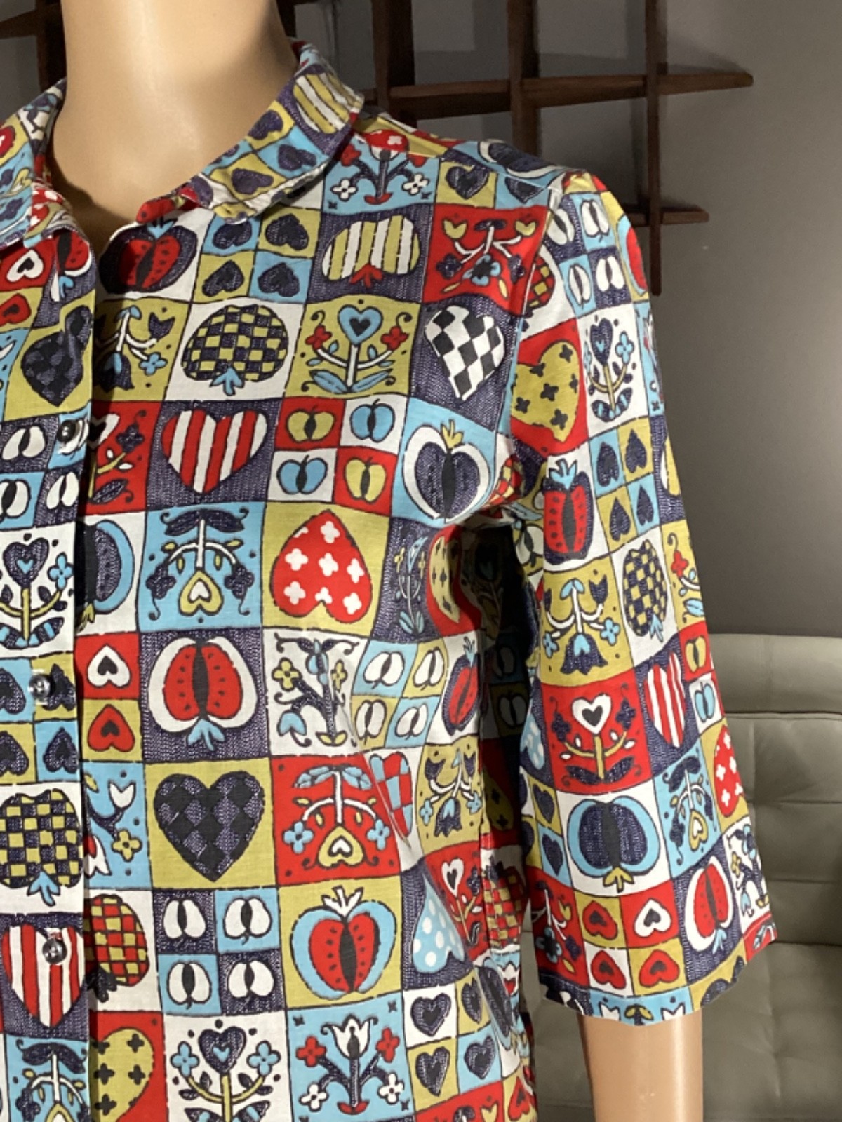Vintage 60s Carole Sue Novelty Print Apples Hearts Flowers Blouse Top Hippie Mod