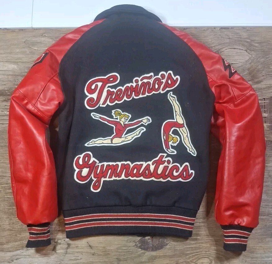 2 VTG DeLong Varsity Jackets Trinity Trojans Texas Gymnastics Sz XS Red Black