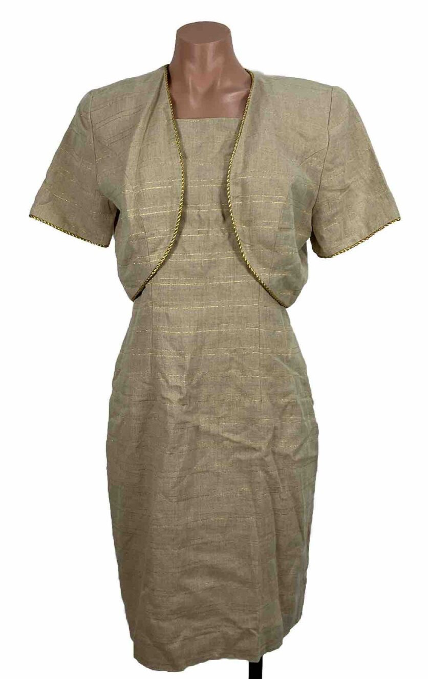 Vintage Althuser Sleeveless Sheath Dress Suit sz 8 Gold Beige Jacket