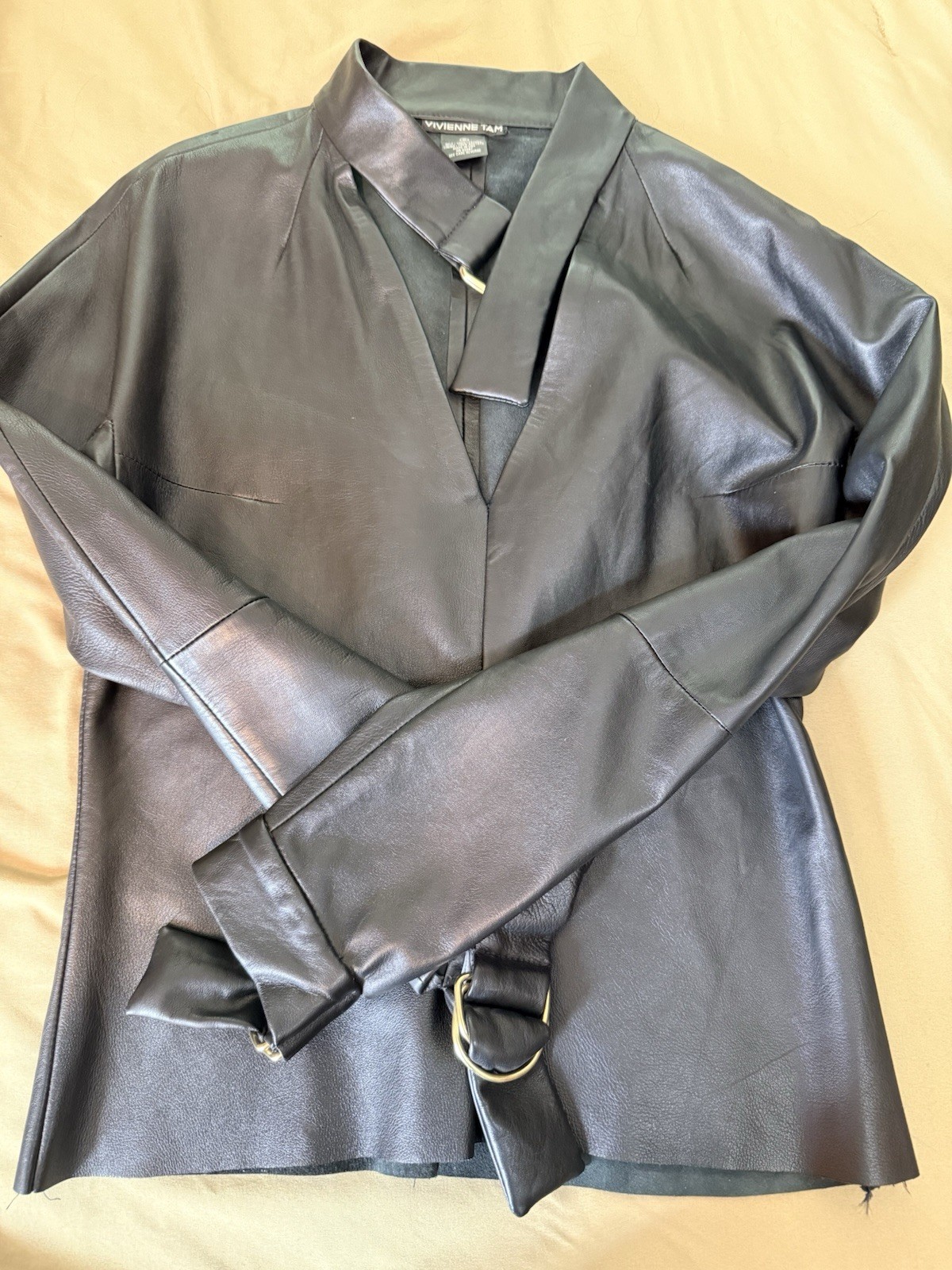 Vivienne Tam Black 100% Leather Jacket Top Minimalist Asymmetrical Ring Detail