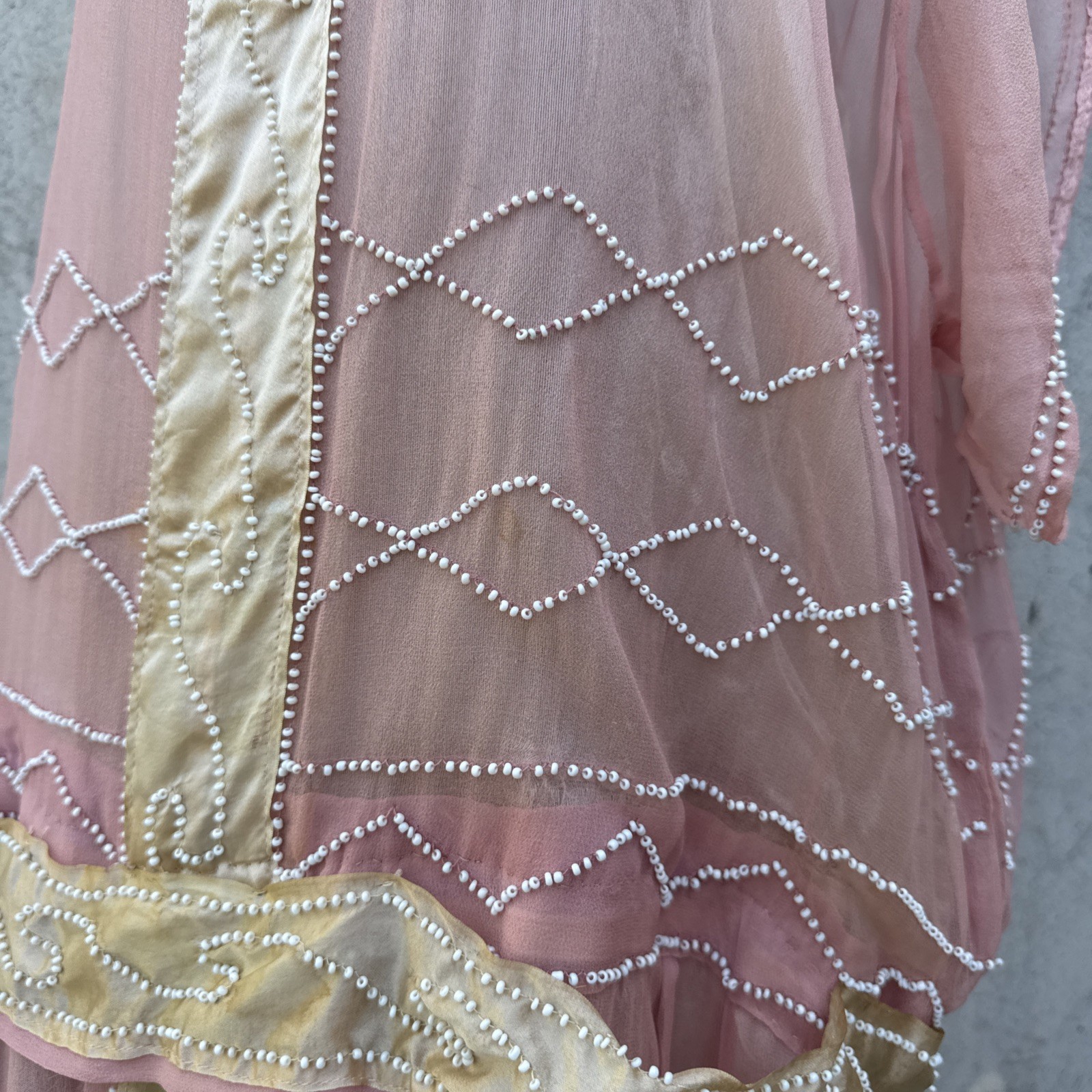 Antique 1920s Pink Silk Chiffon Dress Beaded Waves Oppenheim Collins Vintage
