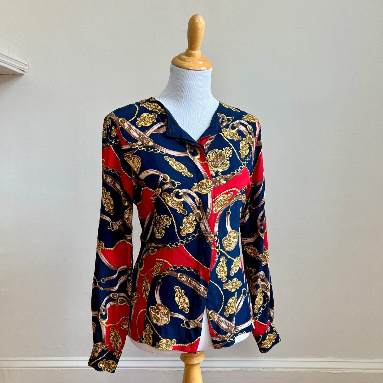 Vintage 90s Stephanie Andrews Silk Shirt Equestrian Print Blouse Navy Red M