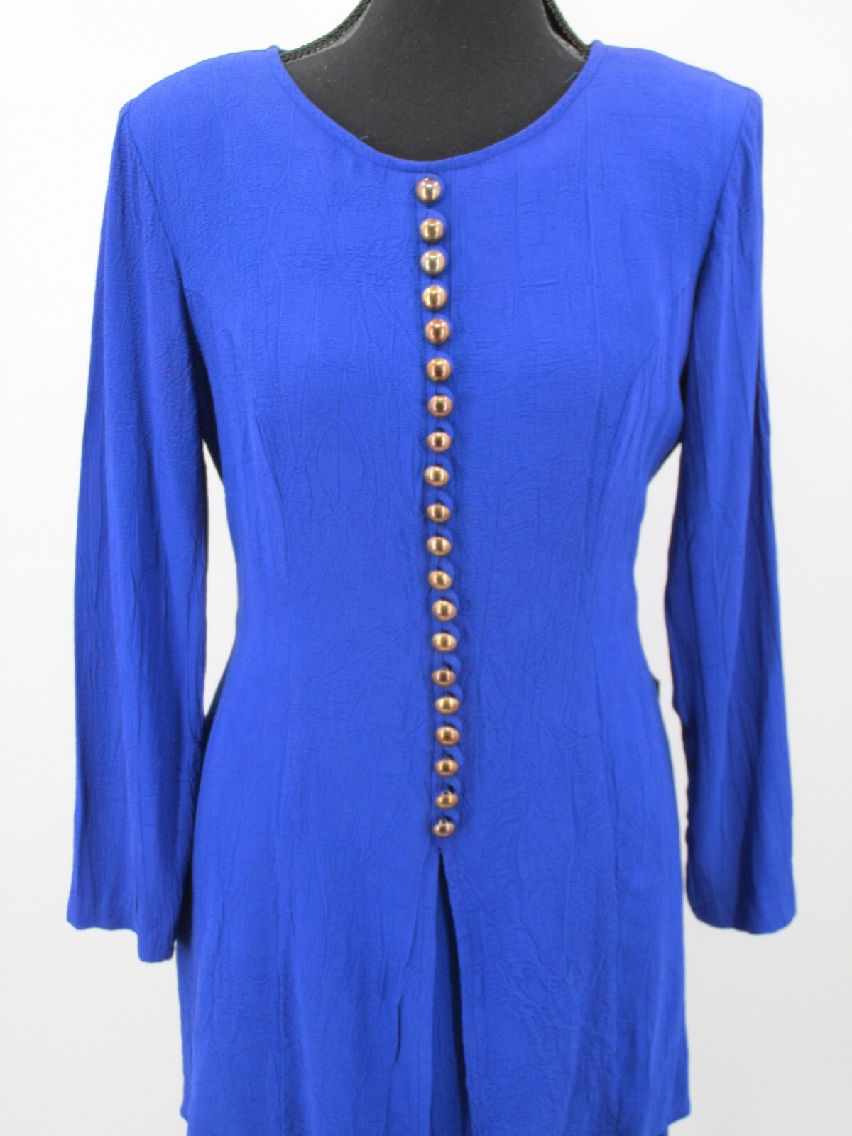 DAWN JOY Midi Career Dress Women SZ 7/8 Blue Peplum Brass Buttons VINTAGE 80’s
