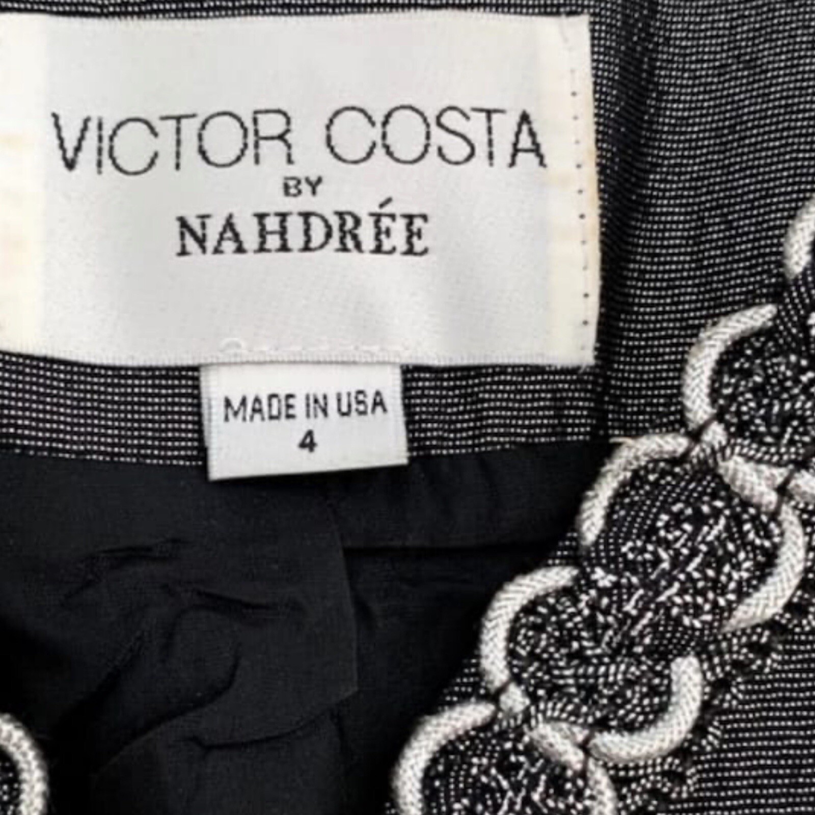 1990s Victor Costa Brocade Metallic Silver Rhinestone Taffeta Evening Gown Set