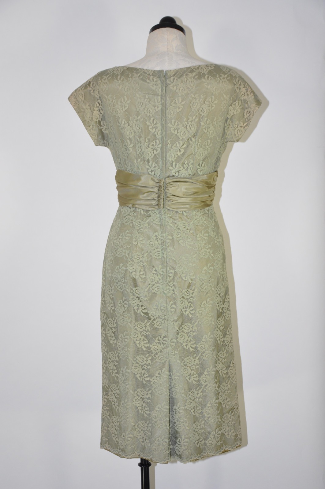60s Vintage Sage Green Floral Lace Midi Sheath Wiggle Cocktail Dress Women XS S