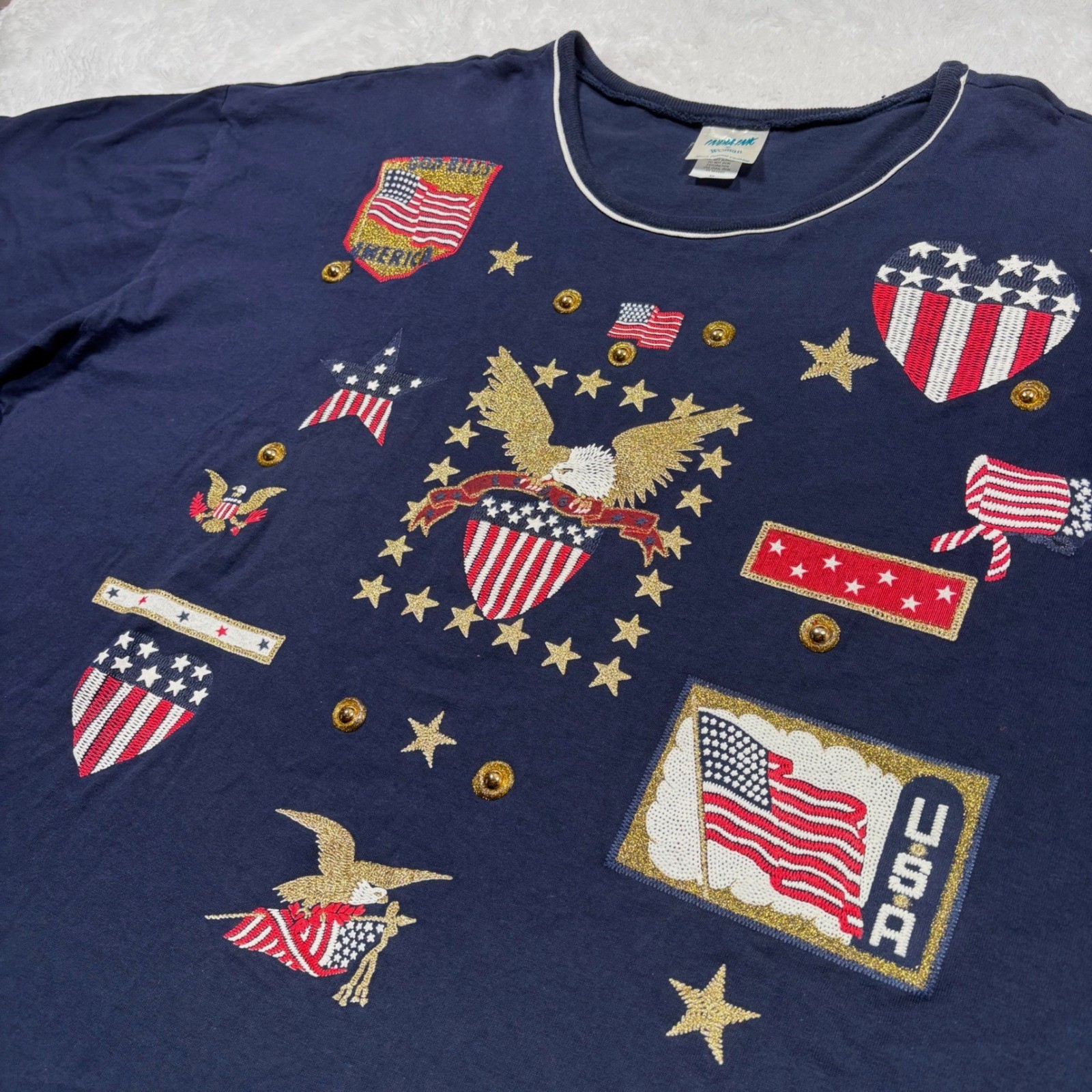 VTG 90s Shirt Women 3X Navy Blue Patriotic 4th July MADE USA Eagle Flag Stars