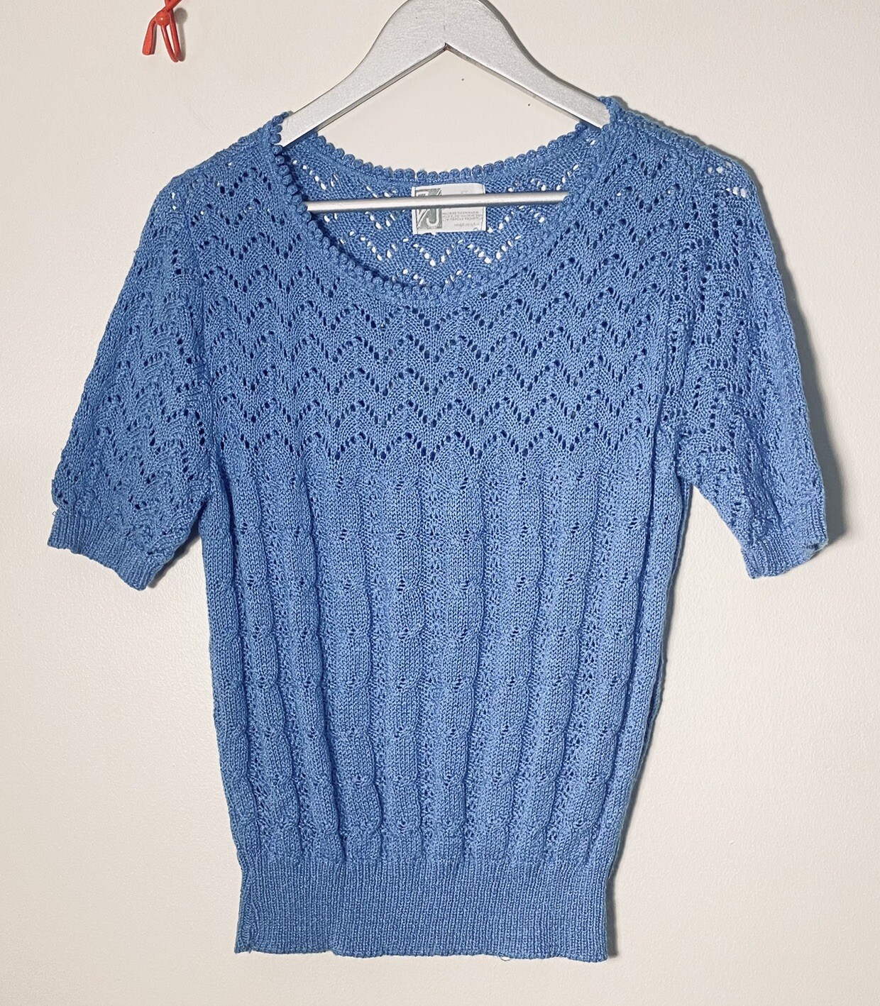 Rare Vintage BJ by Billie Jo 60s/70s crochet knit pretty Blue Sweater