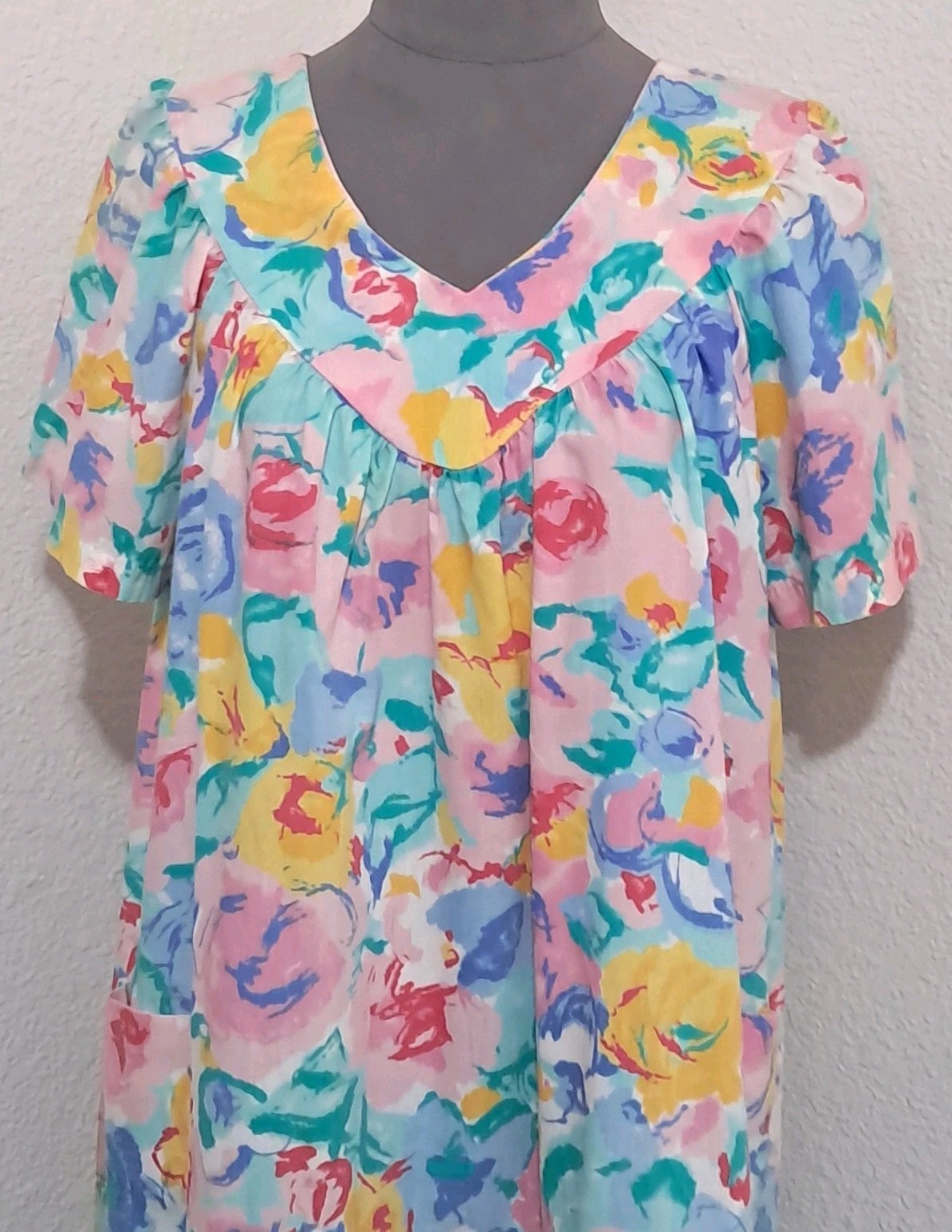 Vintage Cotillion Muumuu House Dress Pastel Watercolor Floral Print Pockets XL