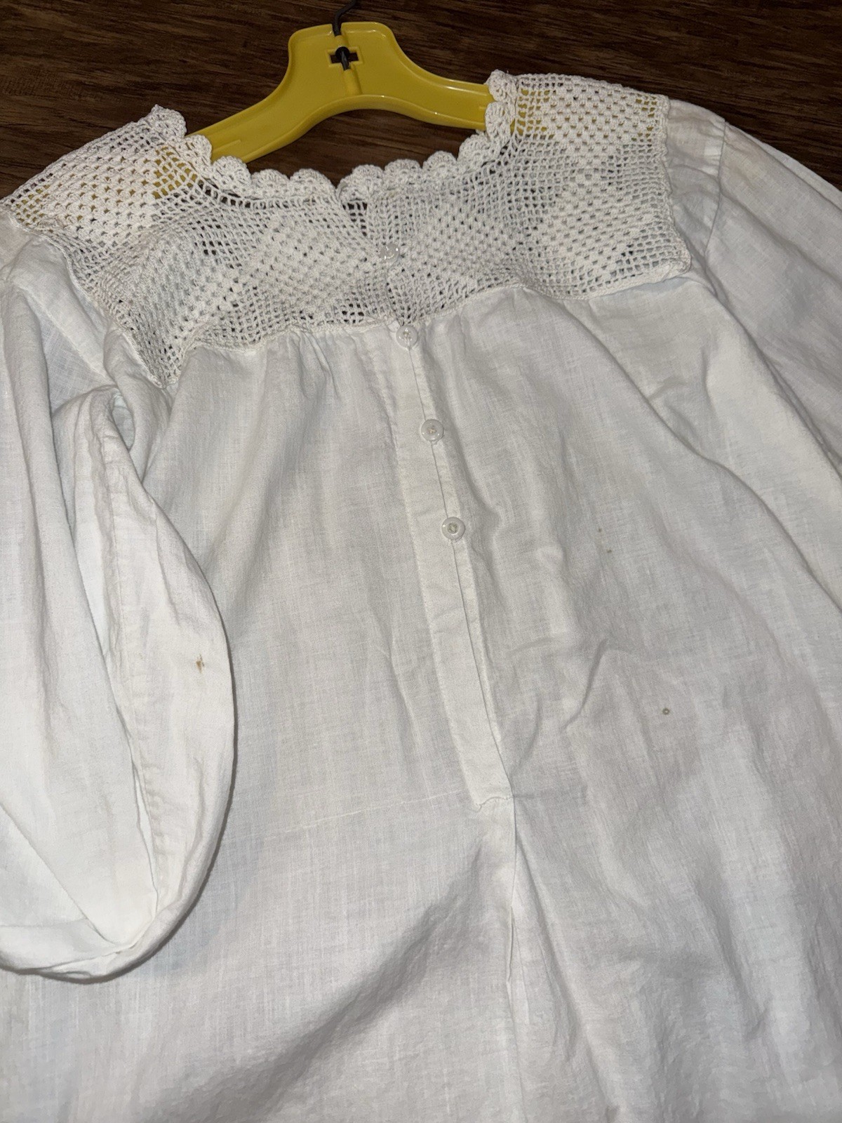 Antique 1900s Edwardian White Cotton Nightgown Hand Crochet Lace Yoke Cuffs