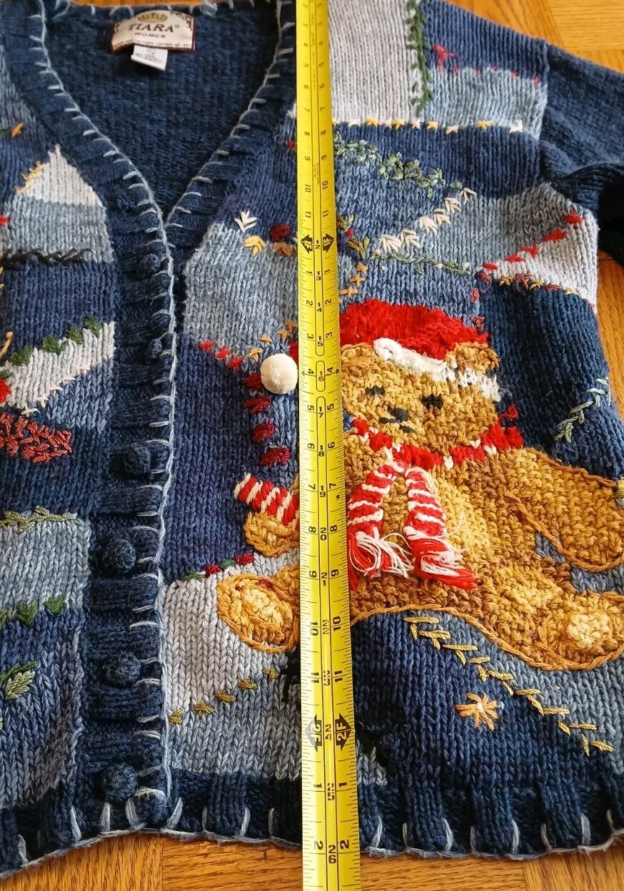 Vintage Tiara Sweater Teddy Bear Christmas Holiday Knit Blue Medium