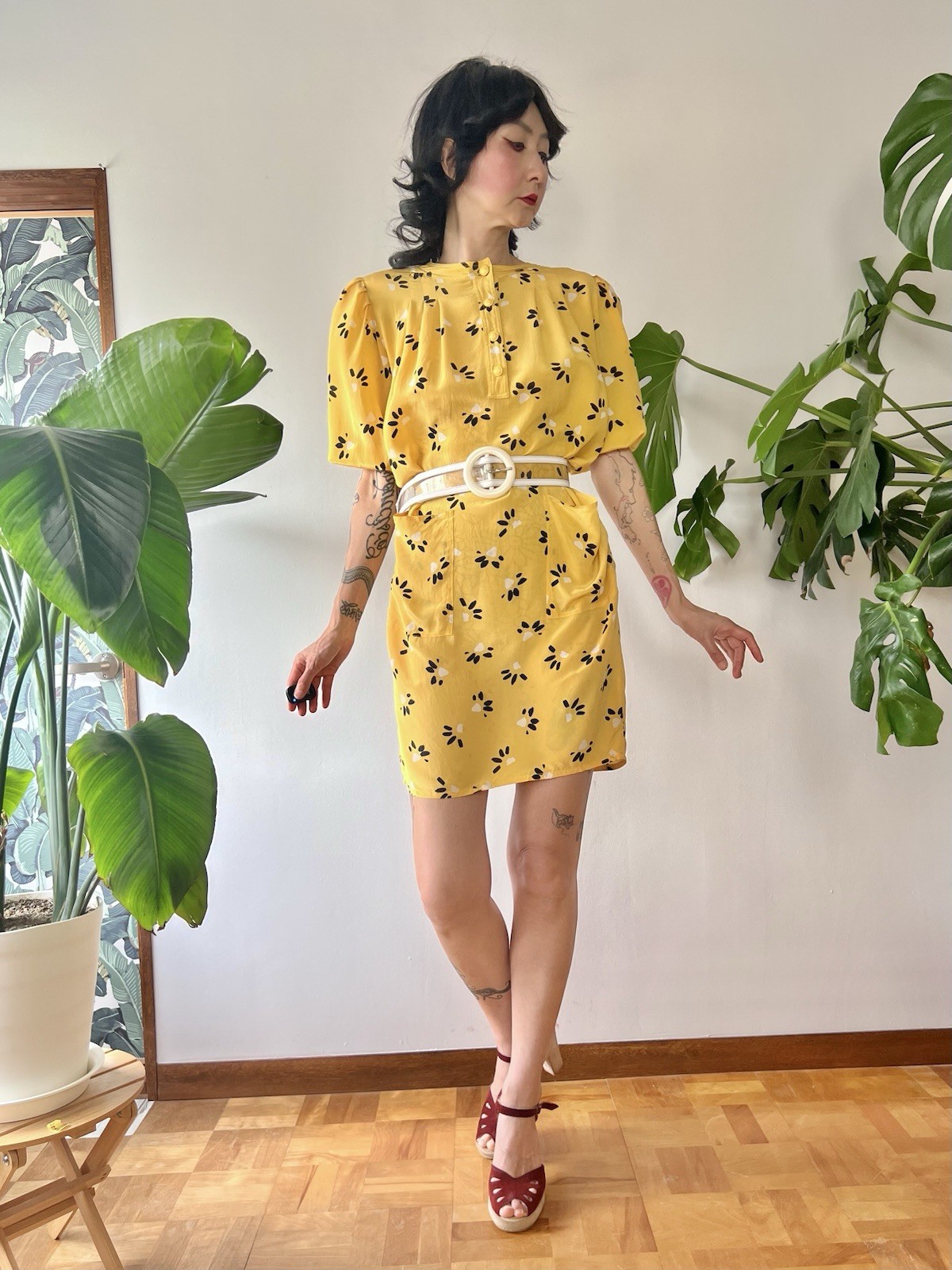 Vintage 80s Ungaro Solo Donna Italy Silk Puff Sleeve Mini Dress Yellow XS-M