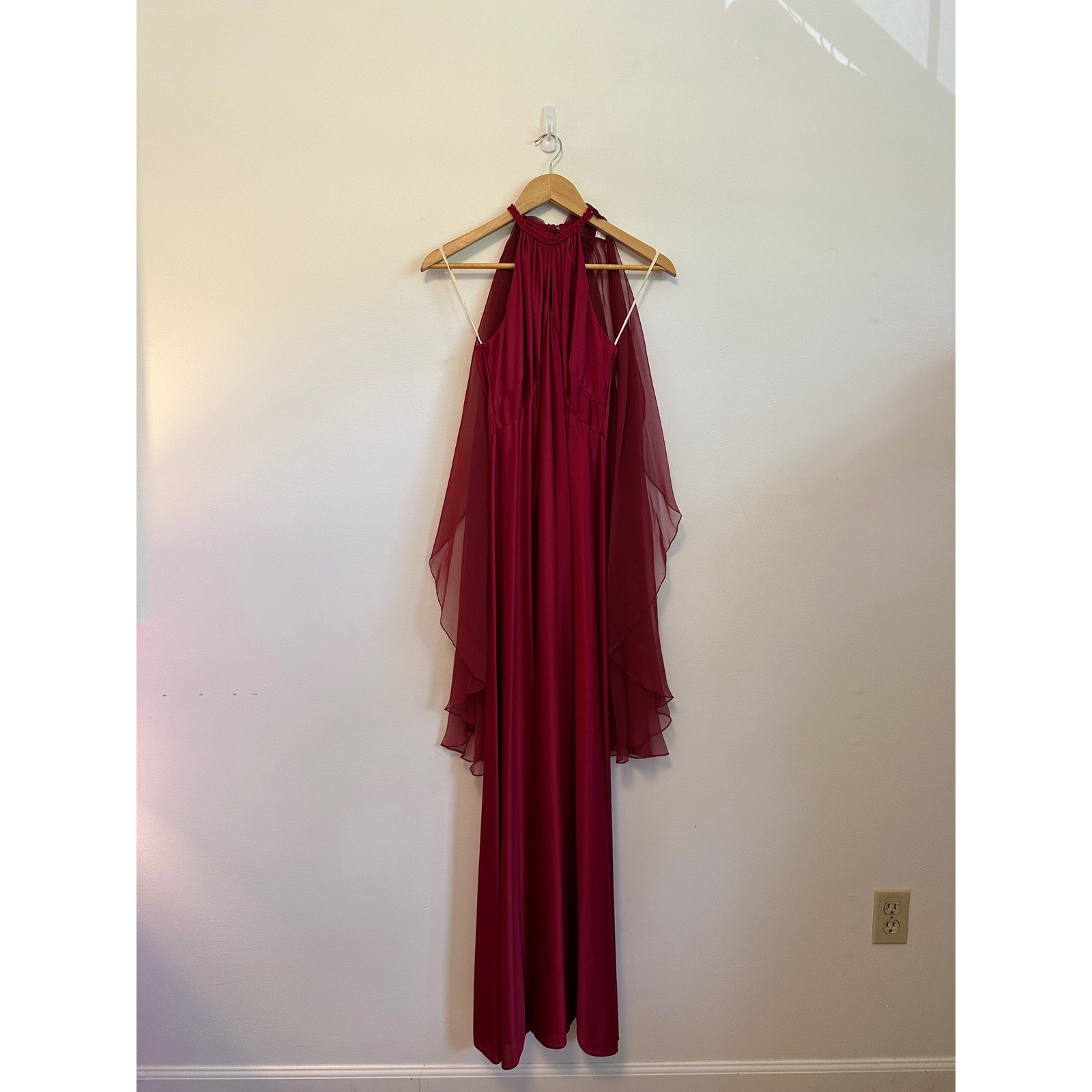 Vintage Berry Red Halter Dress with Sheer Cape Overlay | Size 10