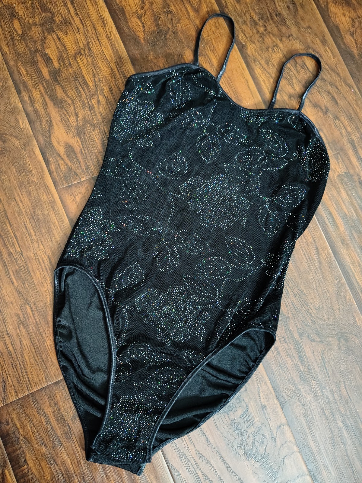 Vintage 90s De La Rose iridescent roses black bodysuit Size S Stretch NYC Y2K Tx