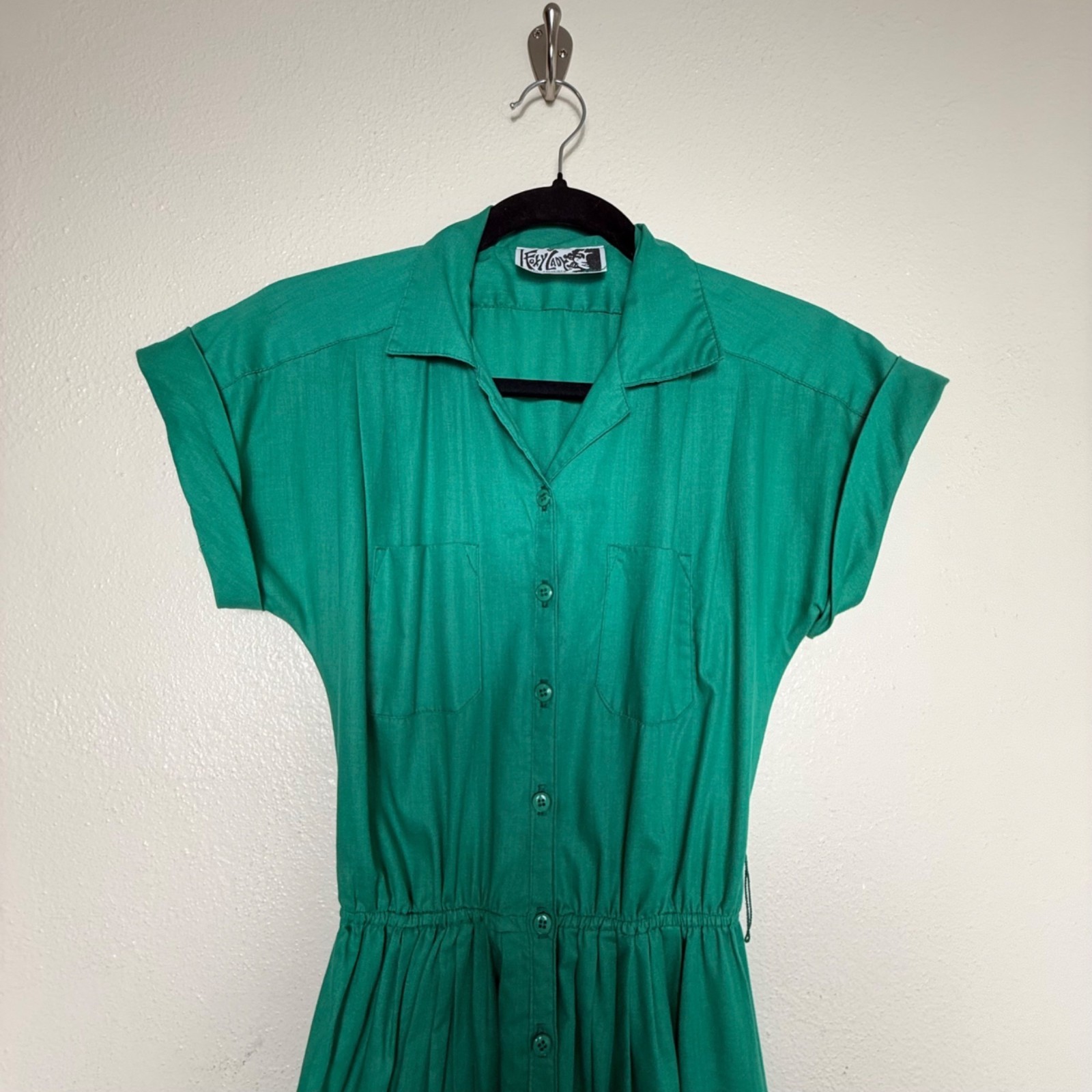 VTG 70’s Foxy Lady San Francisco Green Button-Up Coastal Minimalist Dress Sz S
