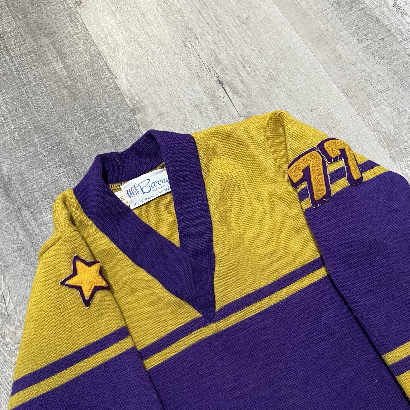VTG 1977 Purple/Green Varsity Sweater Felt Star Logo Pull Over Striped Wool 70s