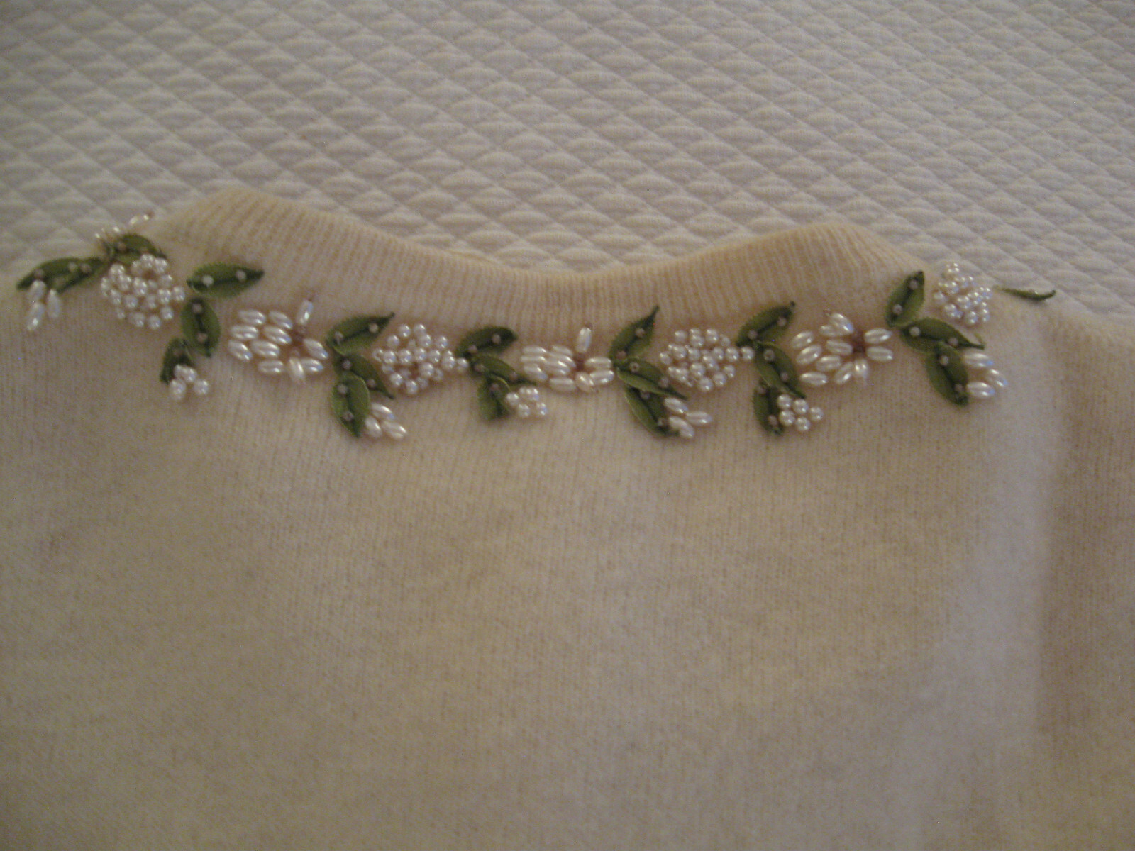 Vintage Dalton Virgin Cashmere Cardigan Sweater- Ivory, Silk Applique & Beadwork