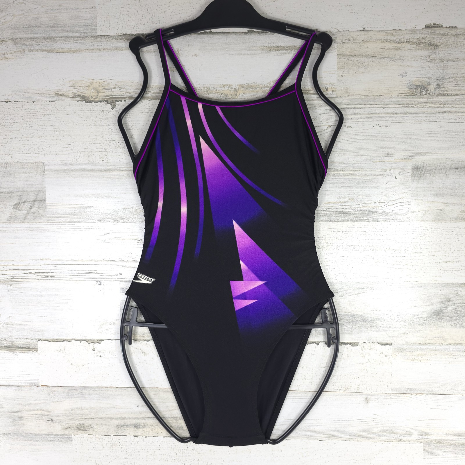 VINTAGE SPEEDO SWIMSUIT WOMENS SIZE 34 / 10 BLACK PINK PURPLE WIRE FREE UNPADDED