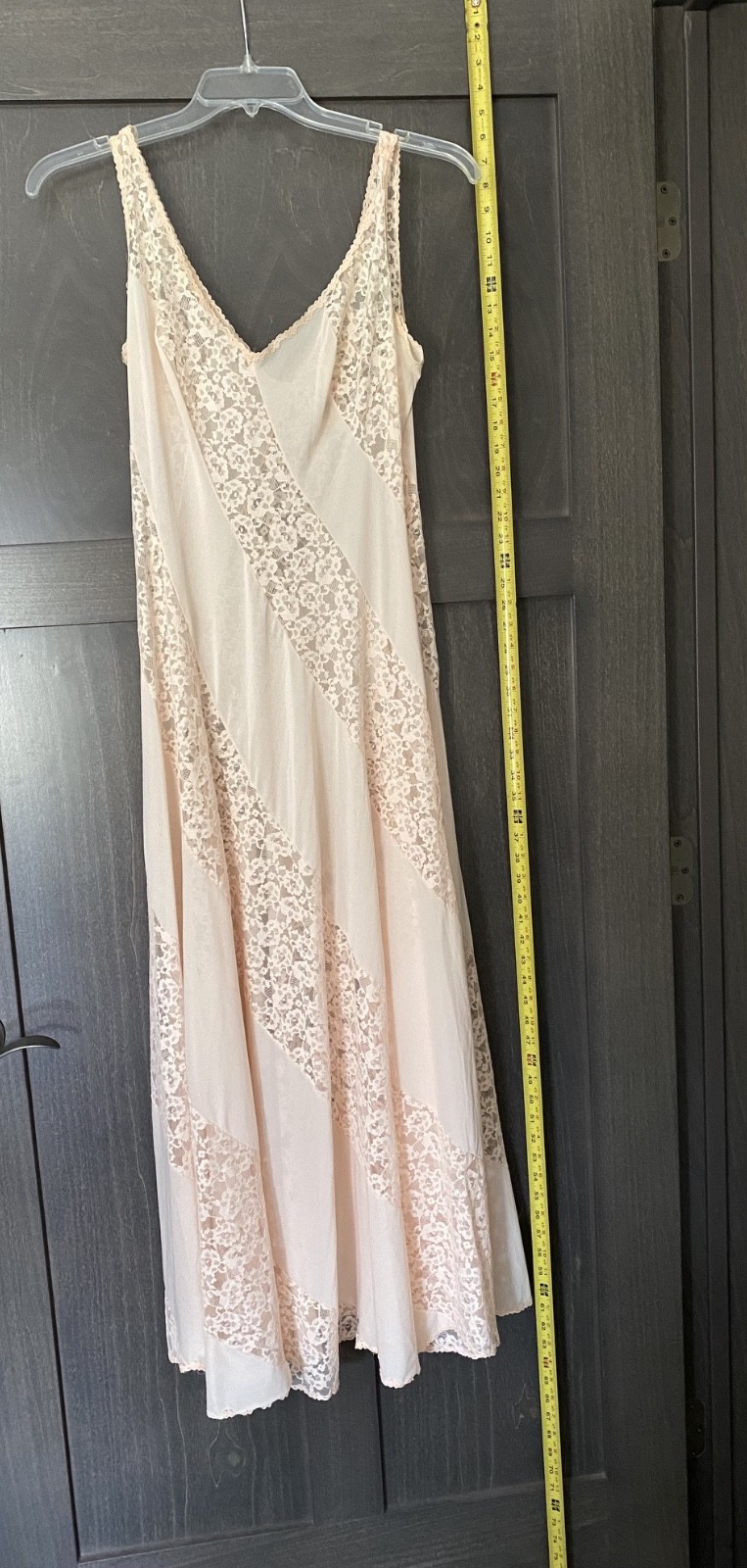 Antique pink nightgown diagonal lace, glamorous, pretty pink. Mid-century.