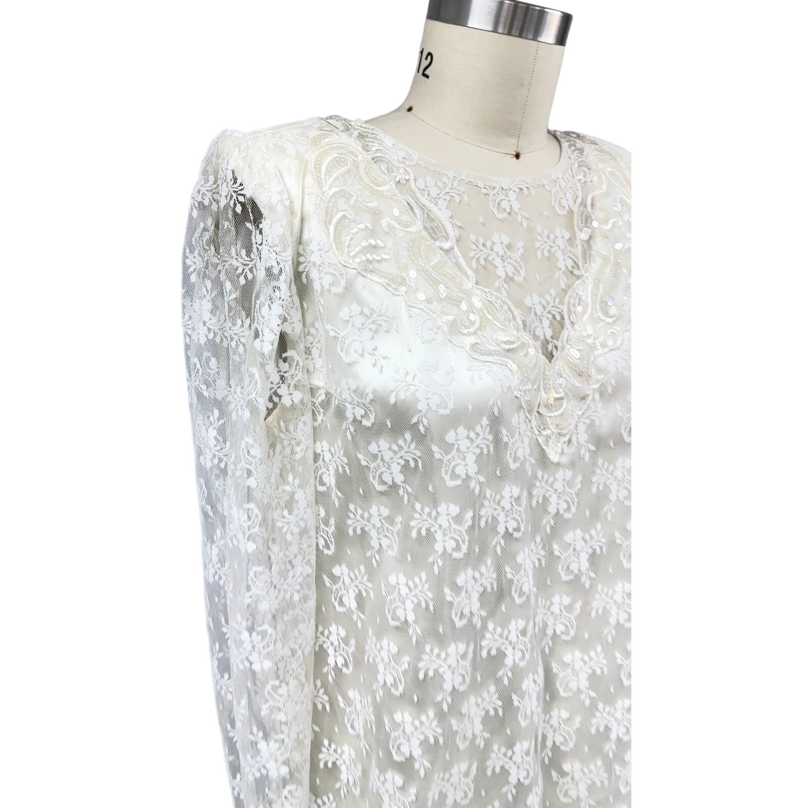 1980s Vintage Scott McClintock Ivory Lace Dress 1920s Style Wedding 16W gatsby