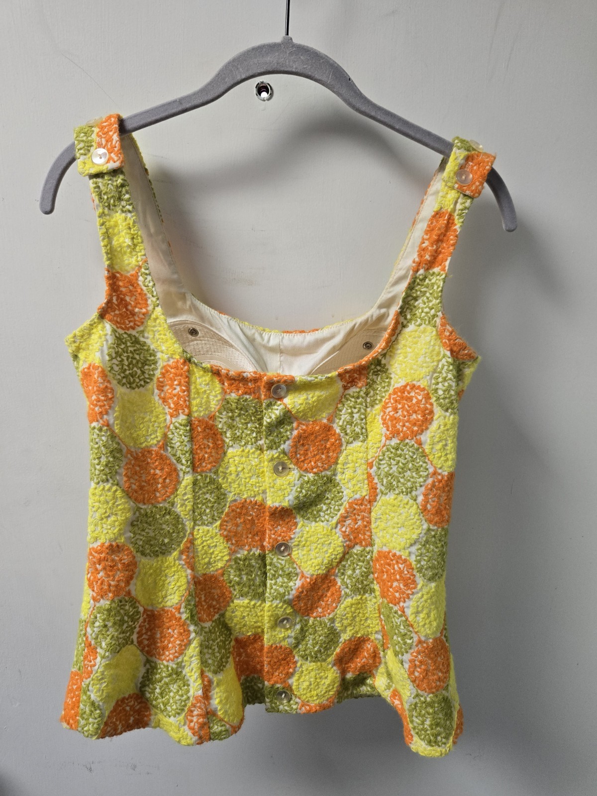 Vintage Bathing Suit Mod Green Orange Yellow Dots 2 Piece 34 Sz 12 M 1960s 70s