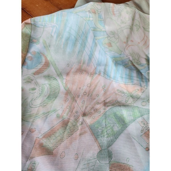 70s Green and Peach Carnival Theme Novelty Print Dagger Collar Shirt