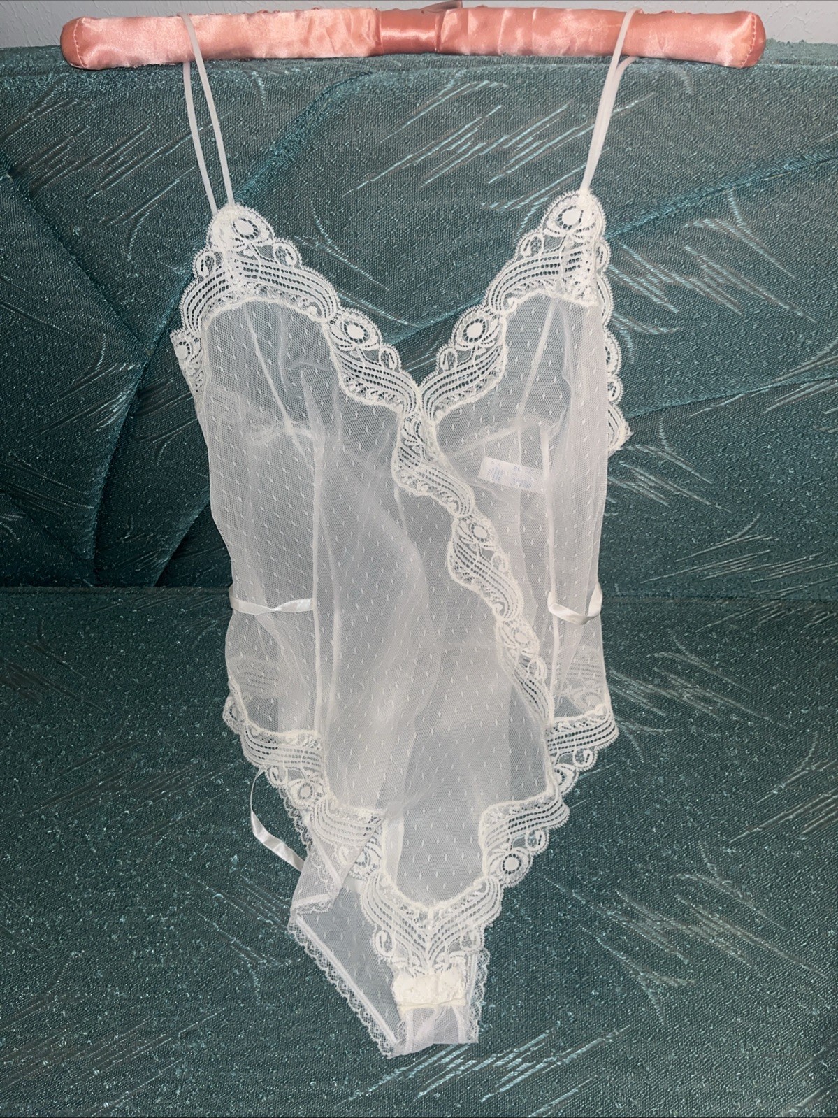VTG Olga White Net Lace Trim Nylon Bodysuit Teddy Style 11020 Size 36 Romper