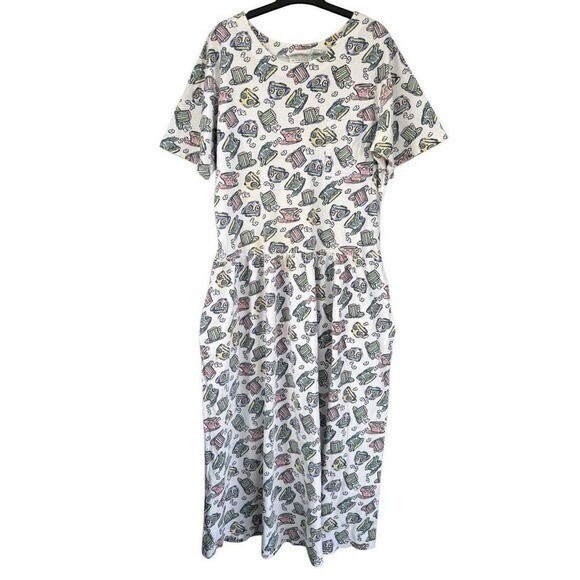 T1 Preview Basics Dress Teacup Print Drop Waist 90s Vintage Cotton Pockets