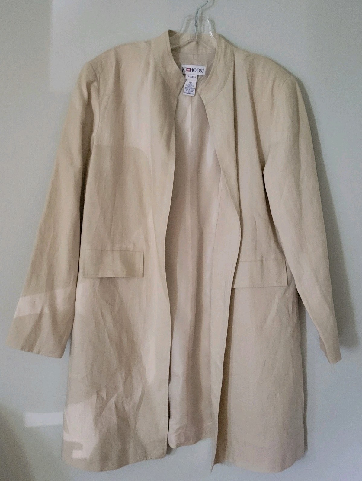 Size 14p Vintage JG Hook Linen Beige Long Open Nehru Jacket Lined Side Slit