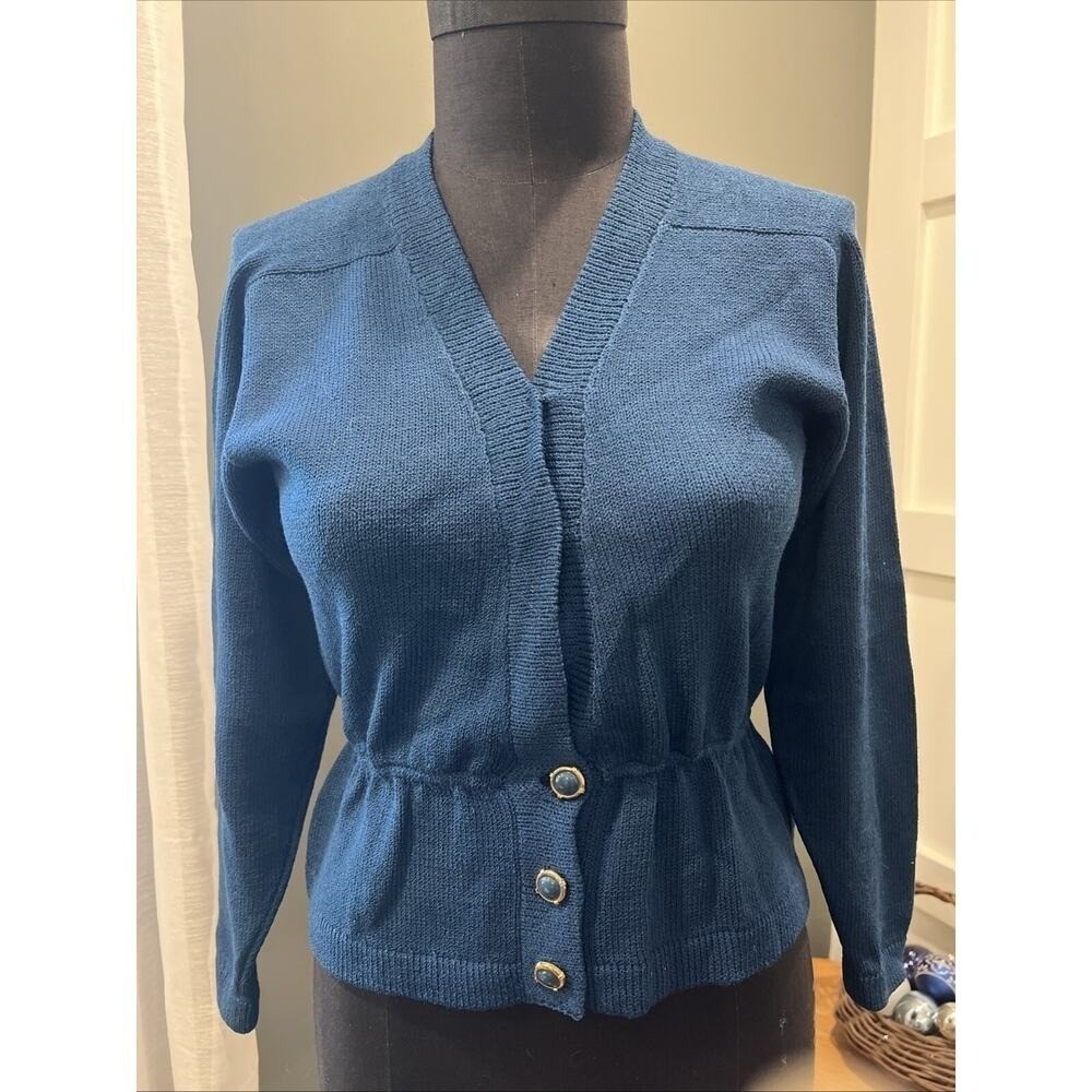 St. John Marie Gray VTG Knit Cardigan Teal Blue Cinched Waist Peplum Gold Button
