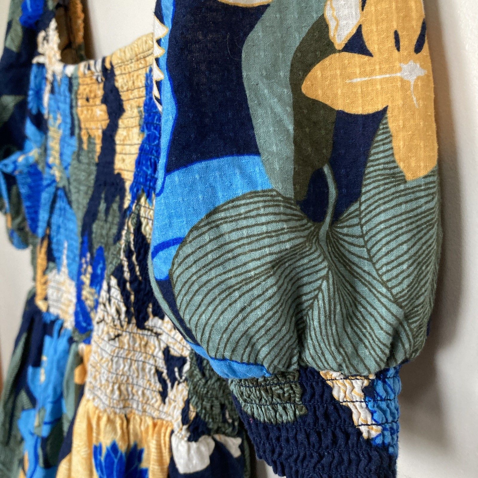 Land’s End Women’s Smocked Peasant Dress L/P 14-16 Blue Yellow Cotton Lined Vtg